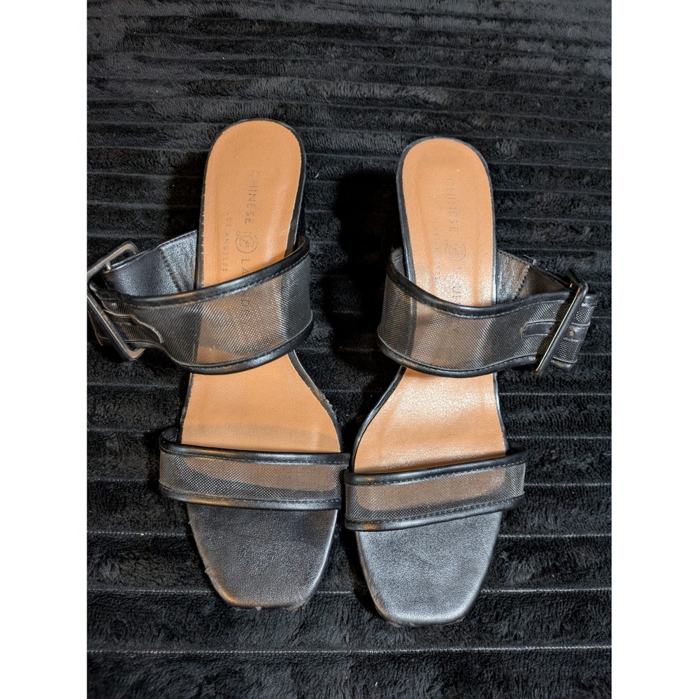 Chinese Laundry YSY-002C Black Mesh Block Heel Sandals Womens Size 7 37.5M